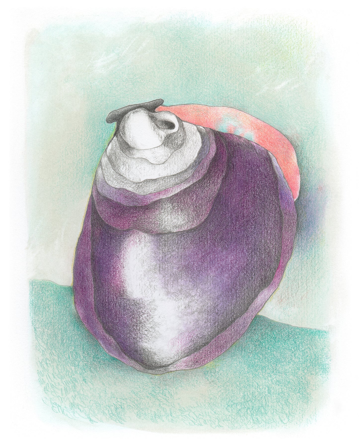 Colored pencil drawing of purple seashell floating on abstract background