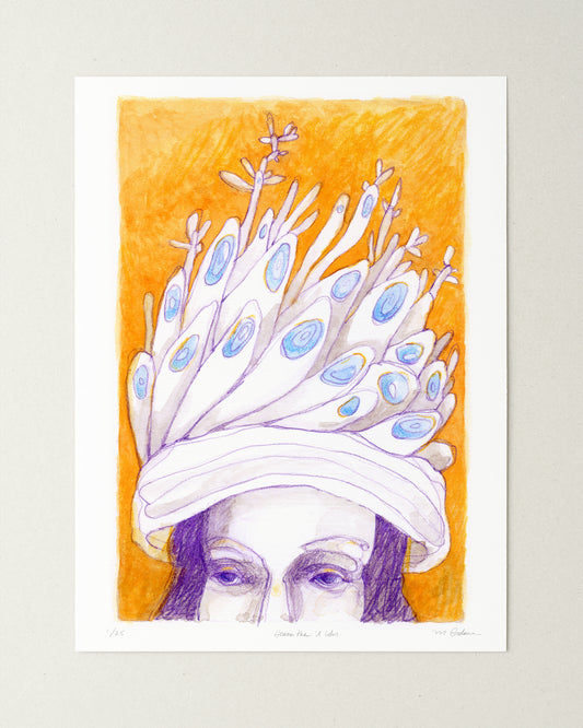 Surreal drawing of a face wearing a large hat of feathers and leaves.