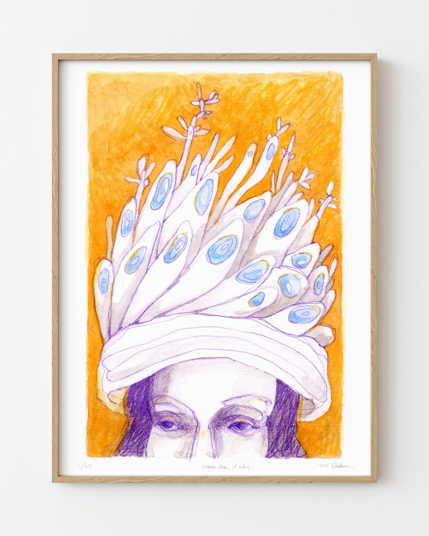 Framed surreal drawing of a face wearing a large hat of feathers and leaves.