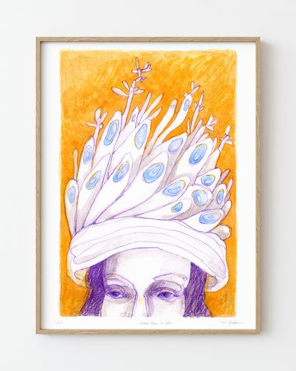 Framed surreal drawing of a face wearing a large hat of feathers and leaves.