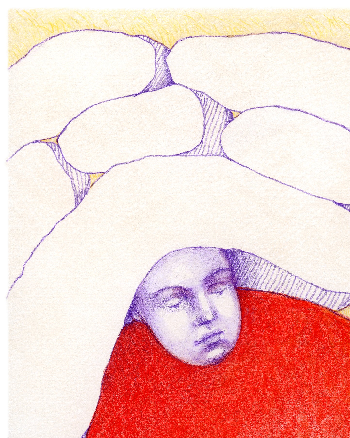 Surreal colored pencil drawing of a figure with pillow shapes on their head.