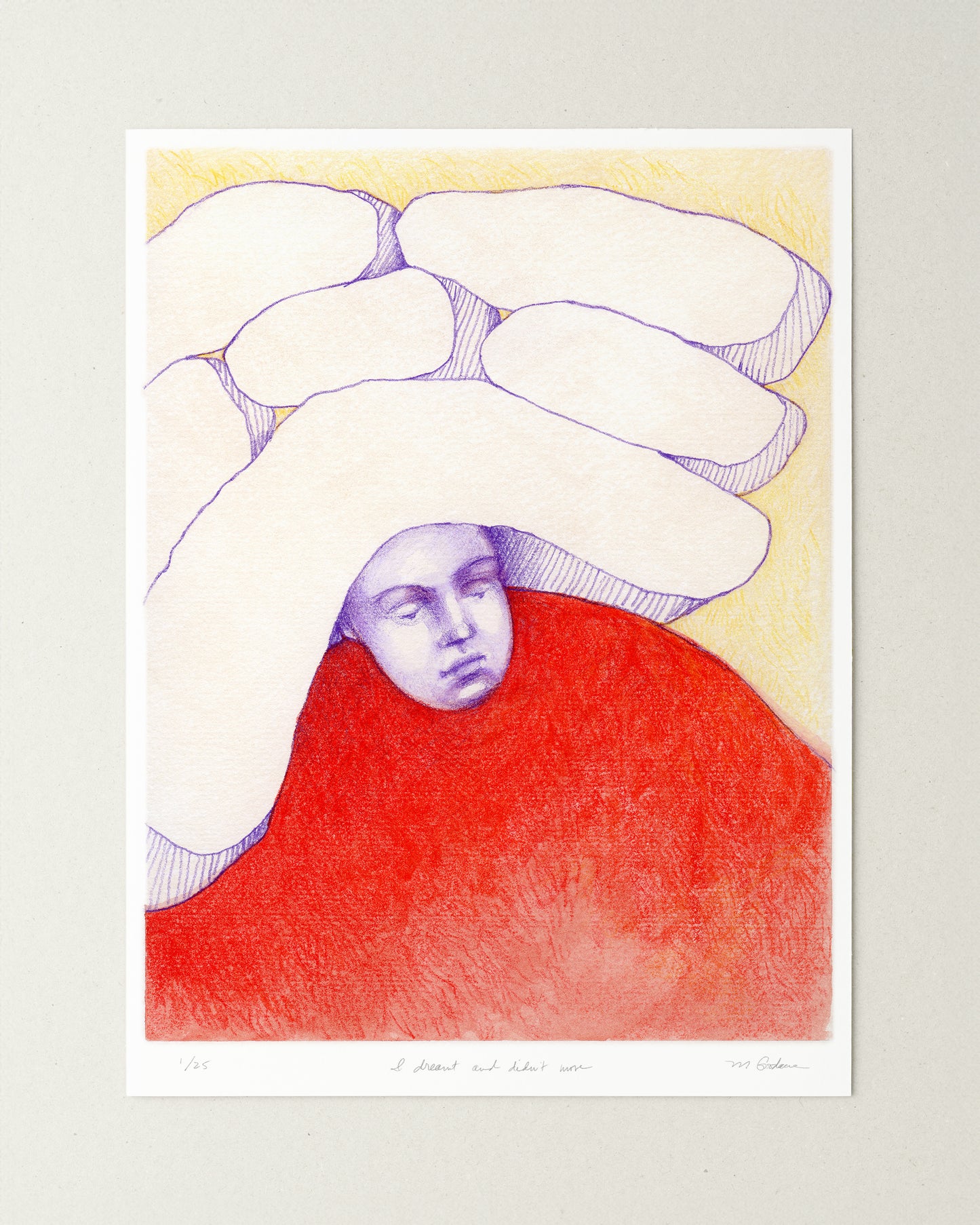 Surreal colored pencil drawing of a figure with pillow shapes on their head.