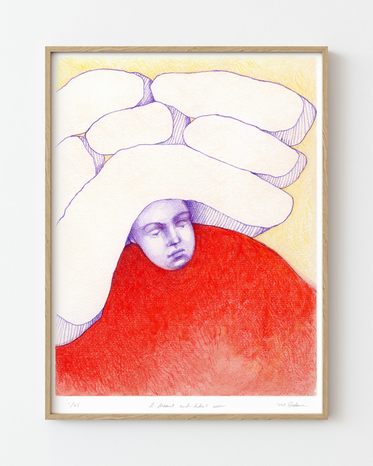 Surreal colored pencil drawing of a figure with pillow shapes on their head.