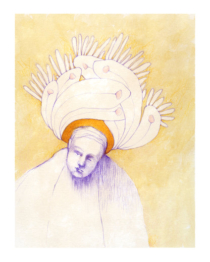 Semi-abstract drawing of a person with a large crown of abstract feathers.