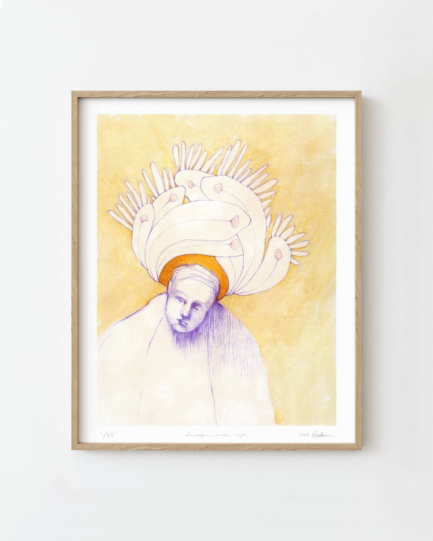 Framed semi-abstract drawing of a person with a large crown of abstract feathers.