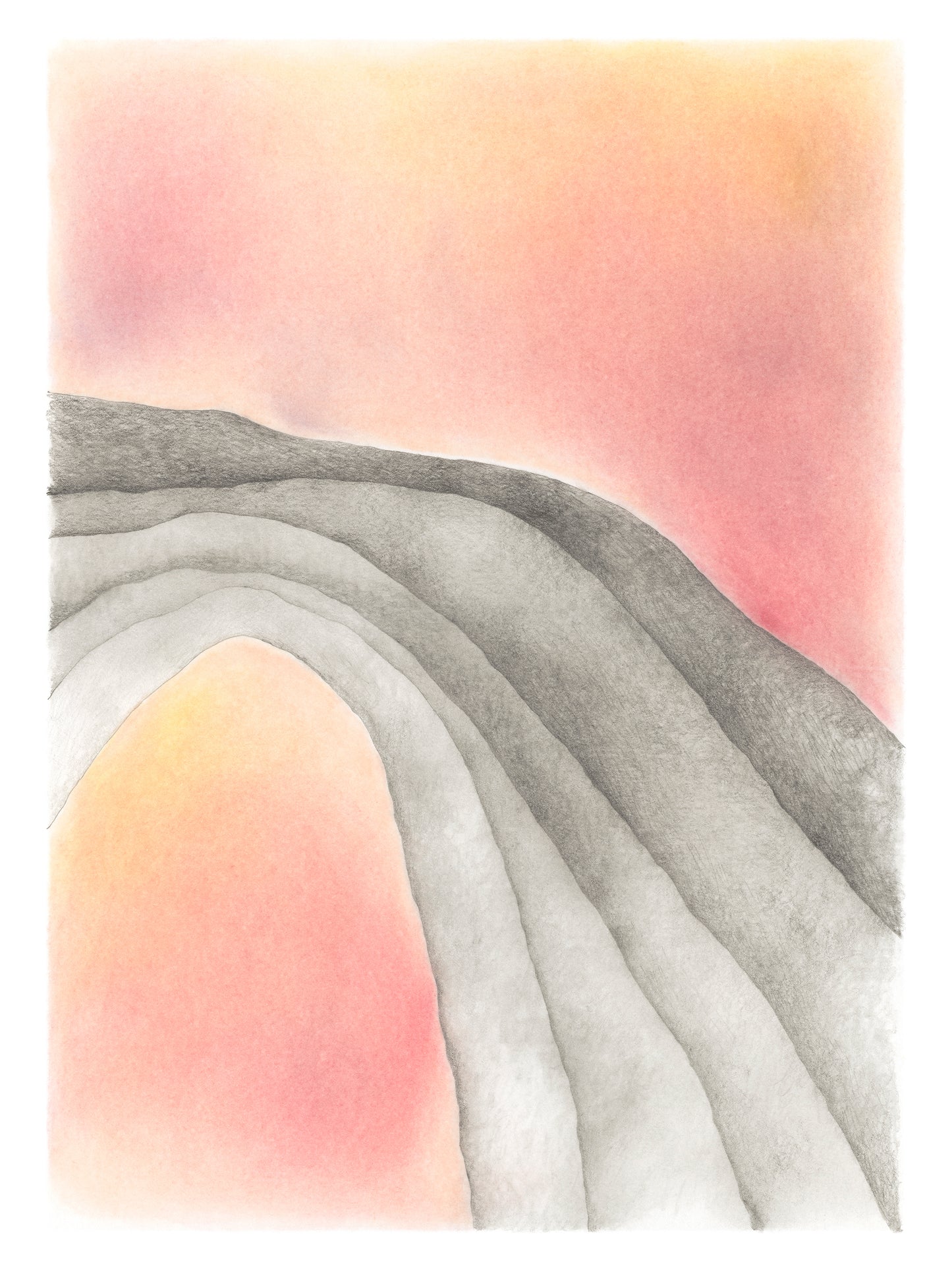 Surreal graphite drawing of an archway against sunset colors.