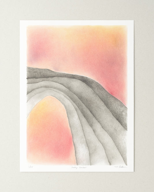 Surreal graphite drawing of an archway against sunset colors.