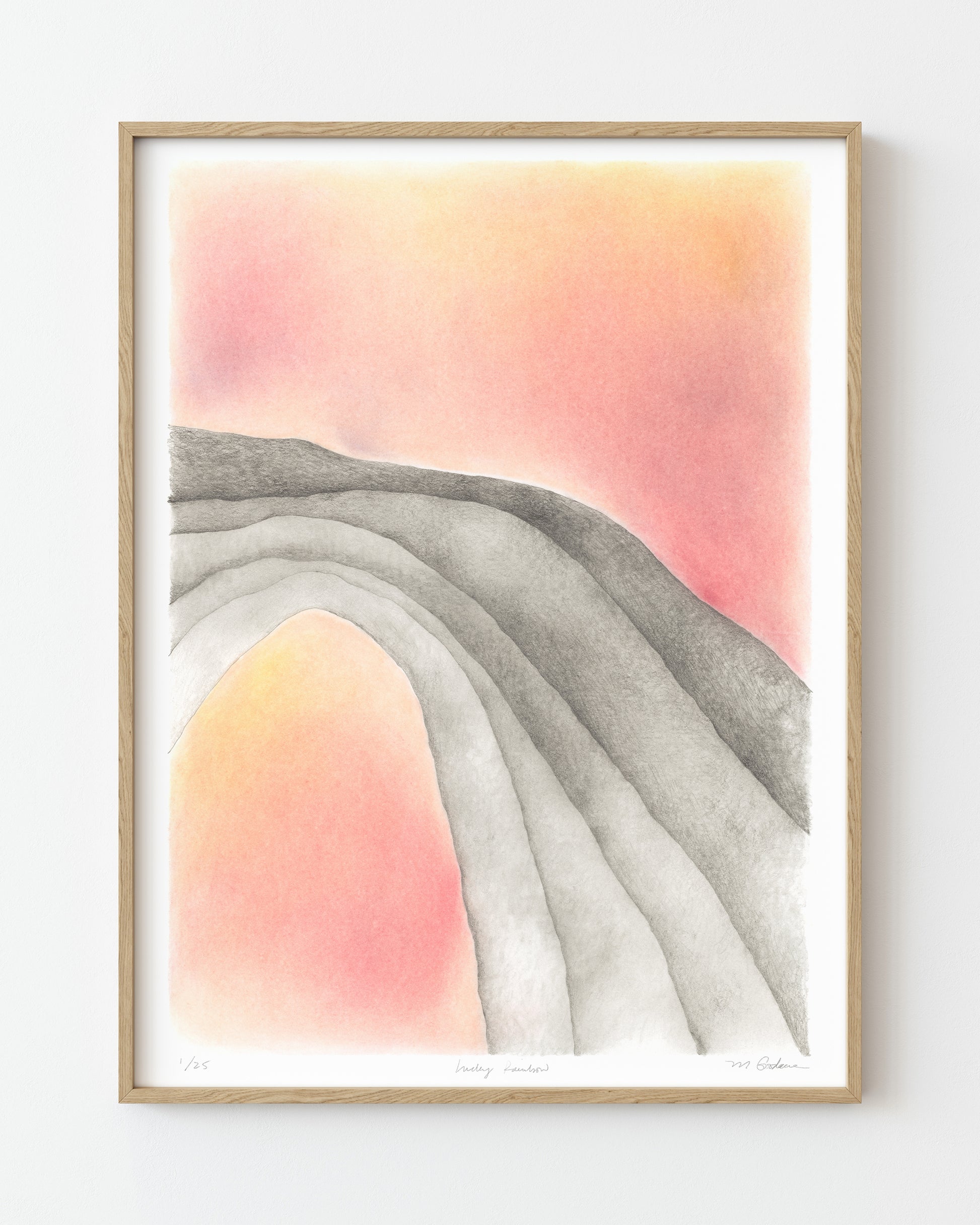 Framed surreal graphite drawing of an archway against sunset colors.