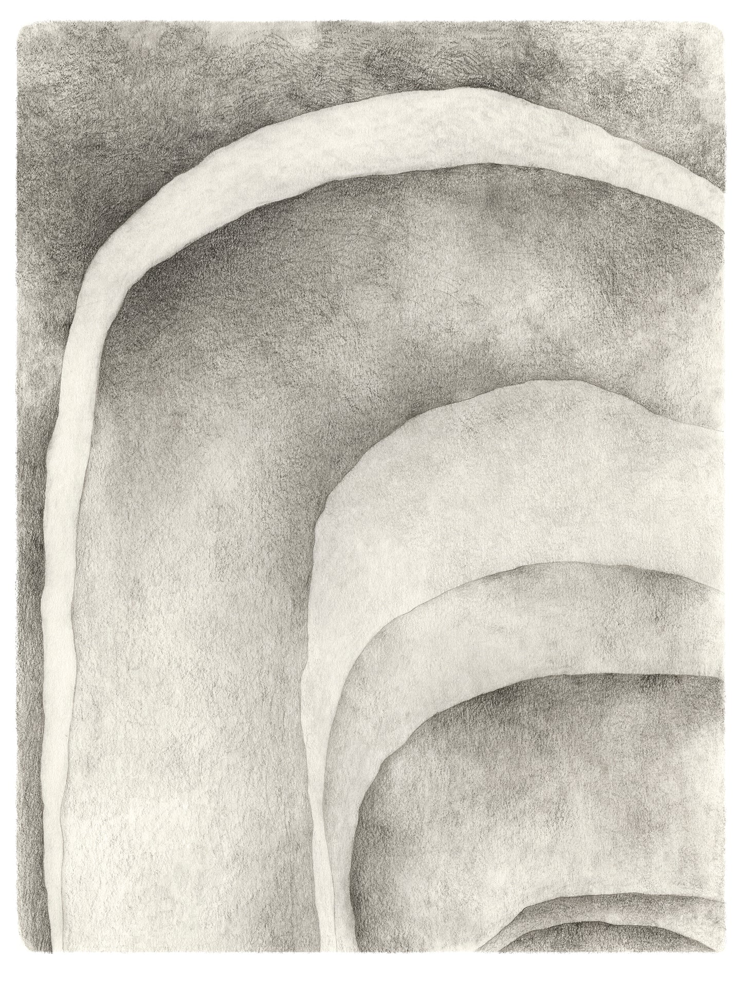 Abstract graphite drawing of shaded curved shapes.