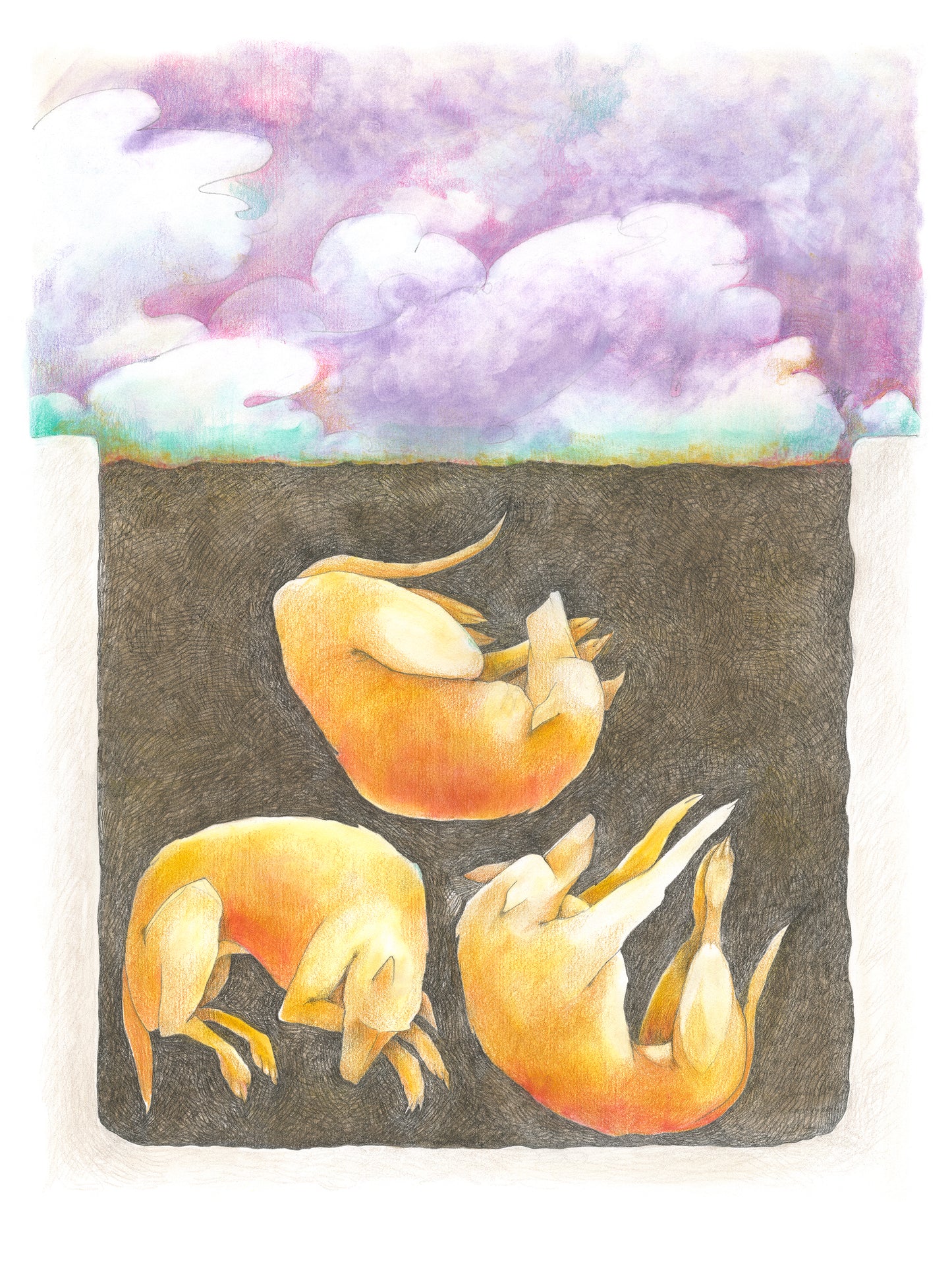 Surreal colored pencil drawings of three orange dogs sleeping underground below a cloudy sky.