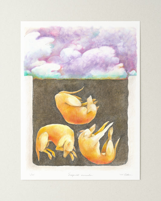 Surreal colored pencil drawings of three orange dogs sleeping underground below a cloudy sky.