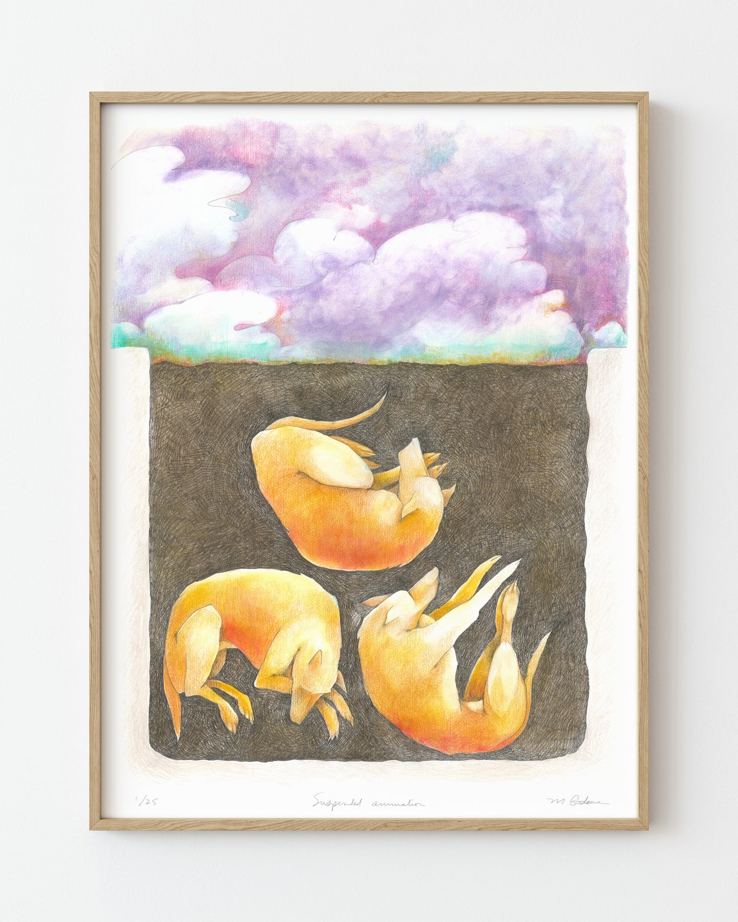 Framed surreal colored pencil drawings of three orange dogs sleeping underground below a cloudy sky.