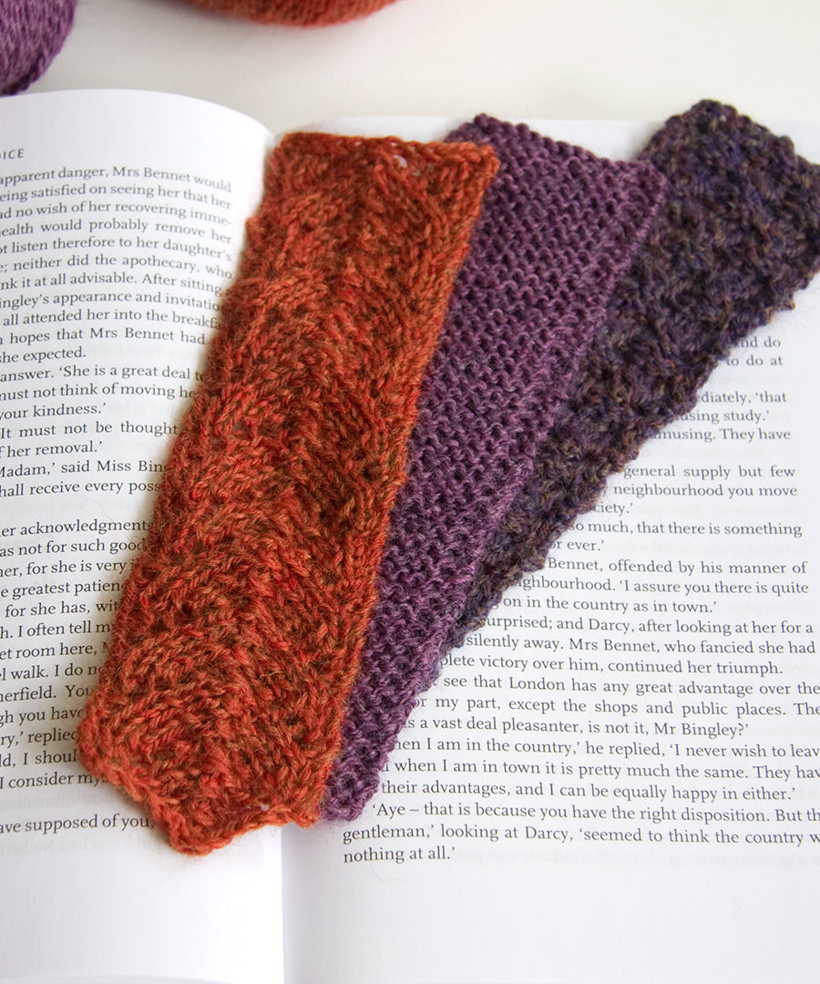 Three variations of knitted bookmarks