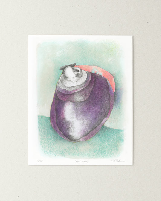 Colored pencil drawing of purple seashell floating on abstract background