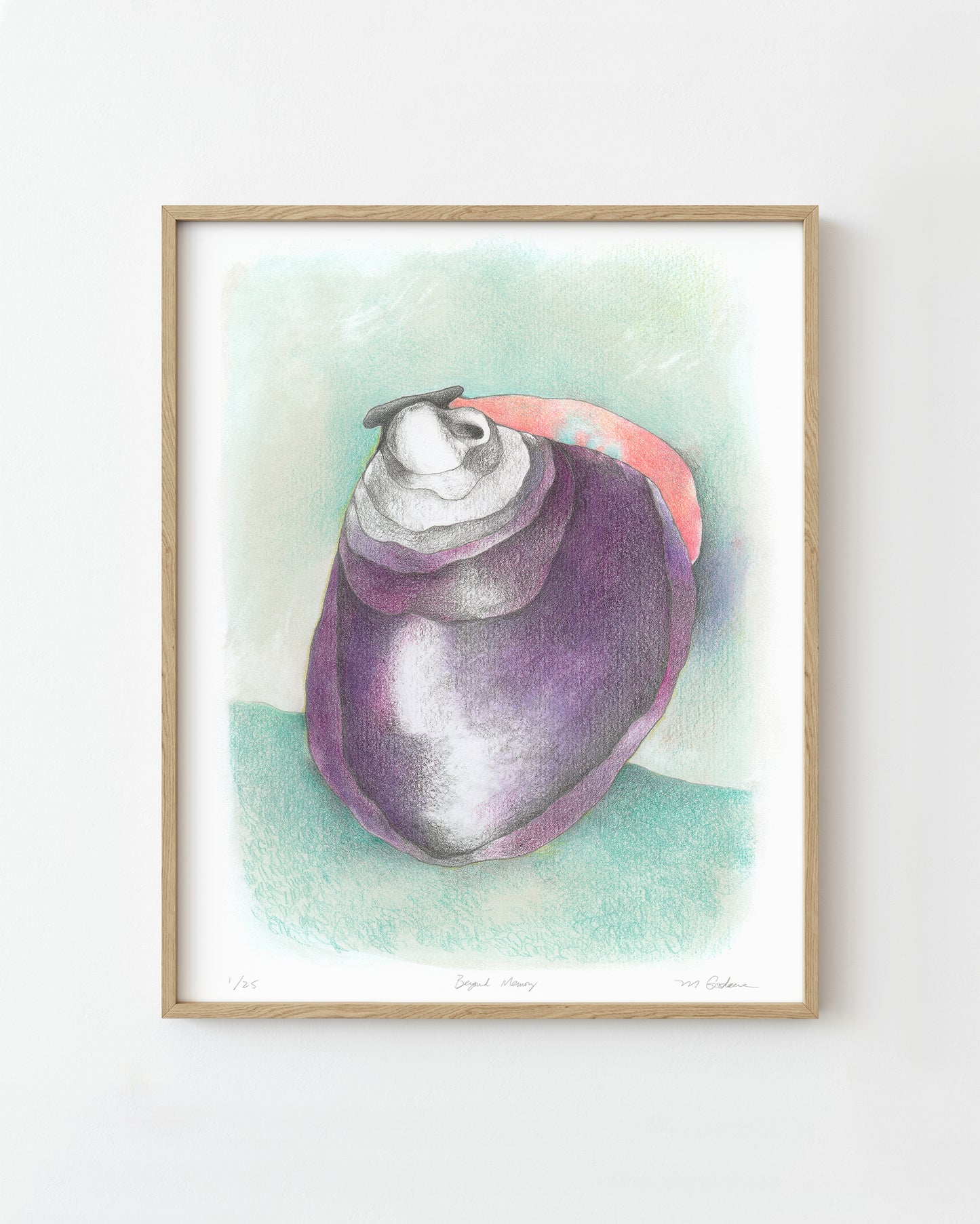 Framed print of seashell floating on abstract background.