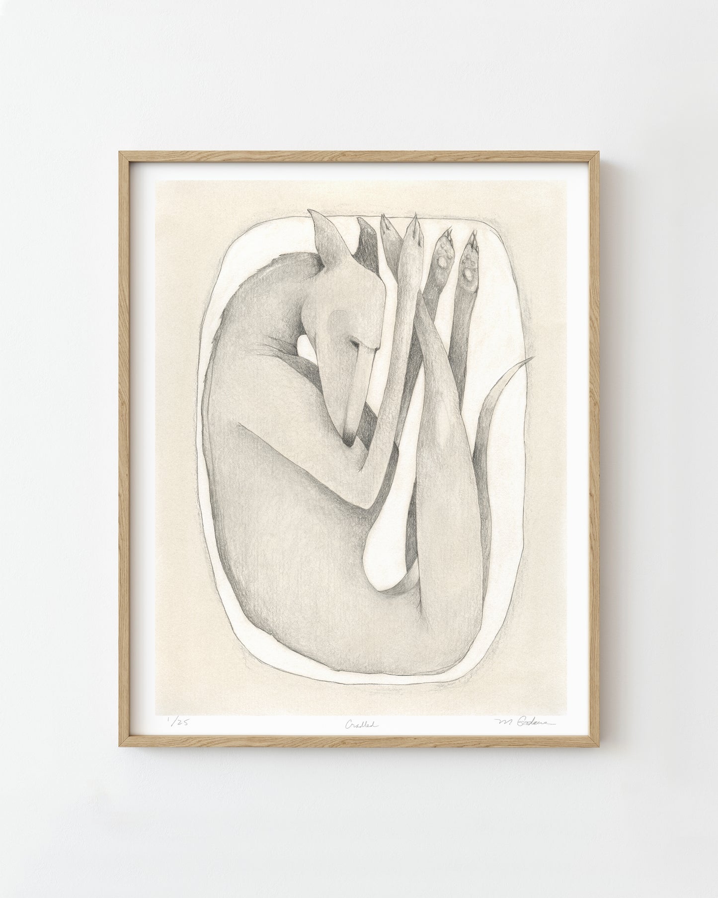 Framed surreal drawing of a sleeping greyhound suspended in space.