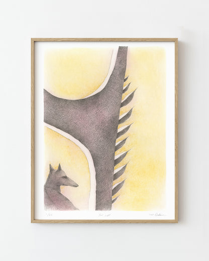 Framed semi-abstract drawing of a dog standing under an archway.