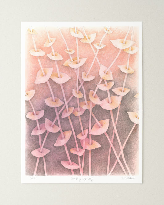 Semi-abstract colored pencil drawing of overlapping leaves on slender stems on peach background..