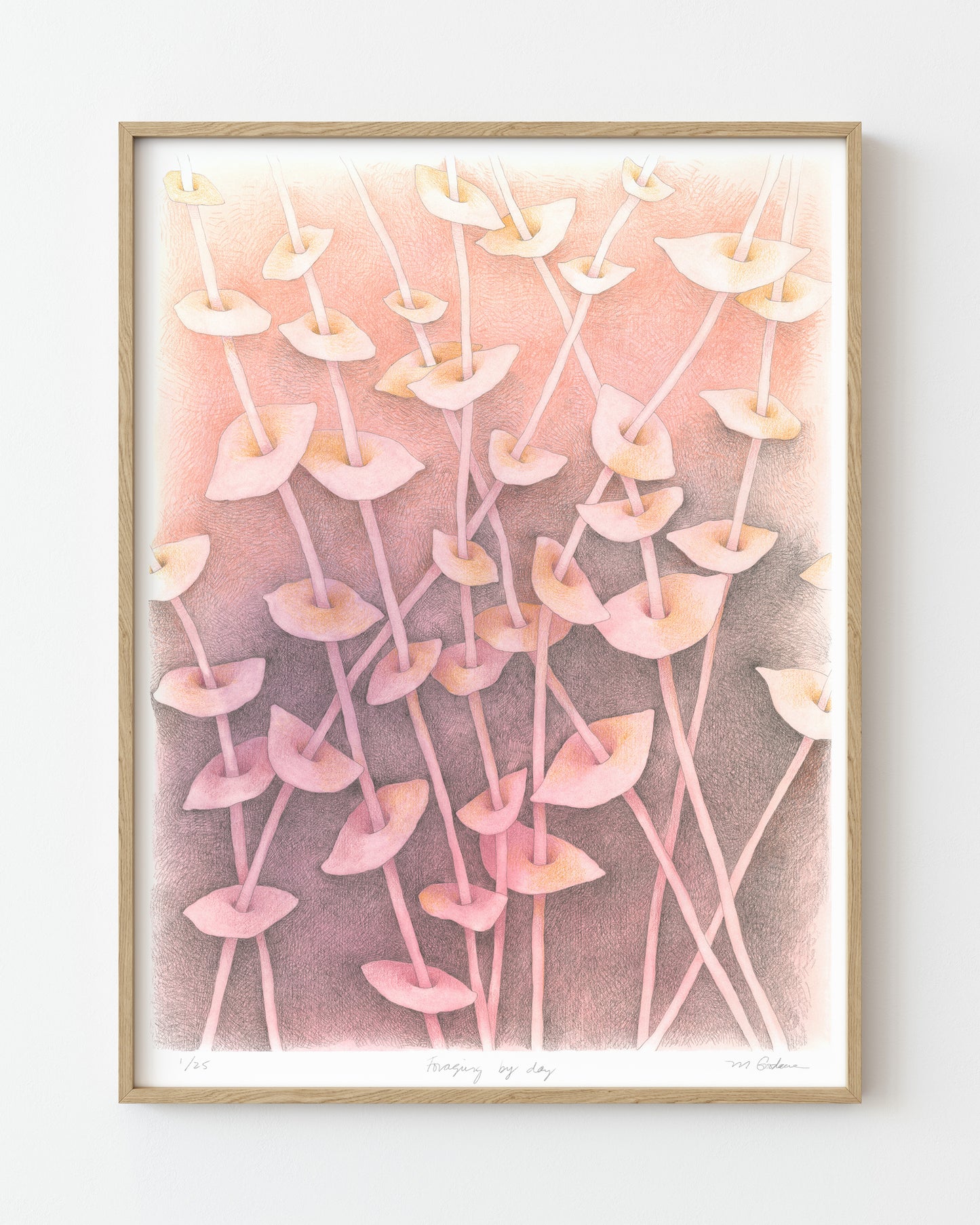 Semi-abstract colored pencil drawing of overlapping leaves on slender stems on peach background.
