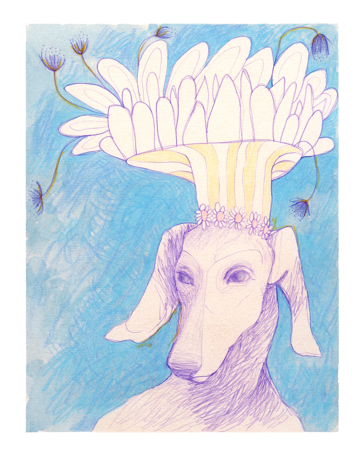 Semi-abstract drawing of a greyhound wearing a crown of flowers.