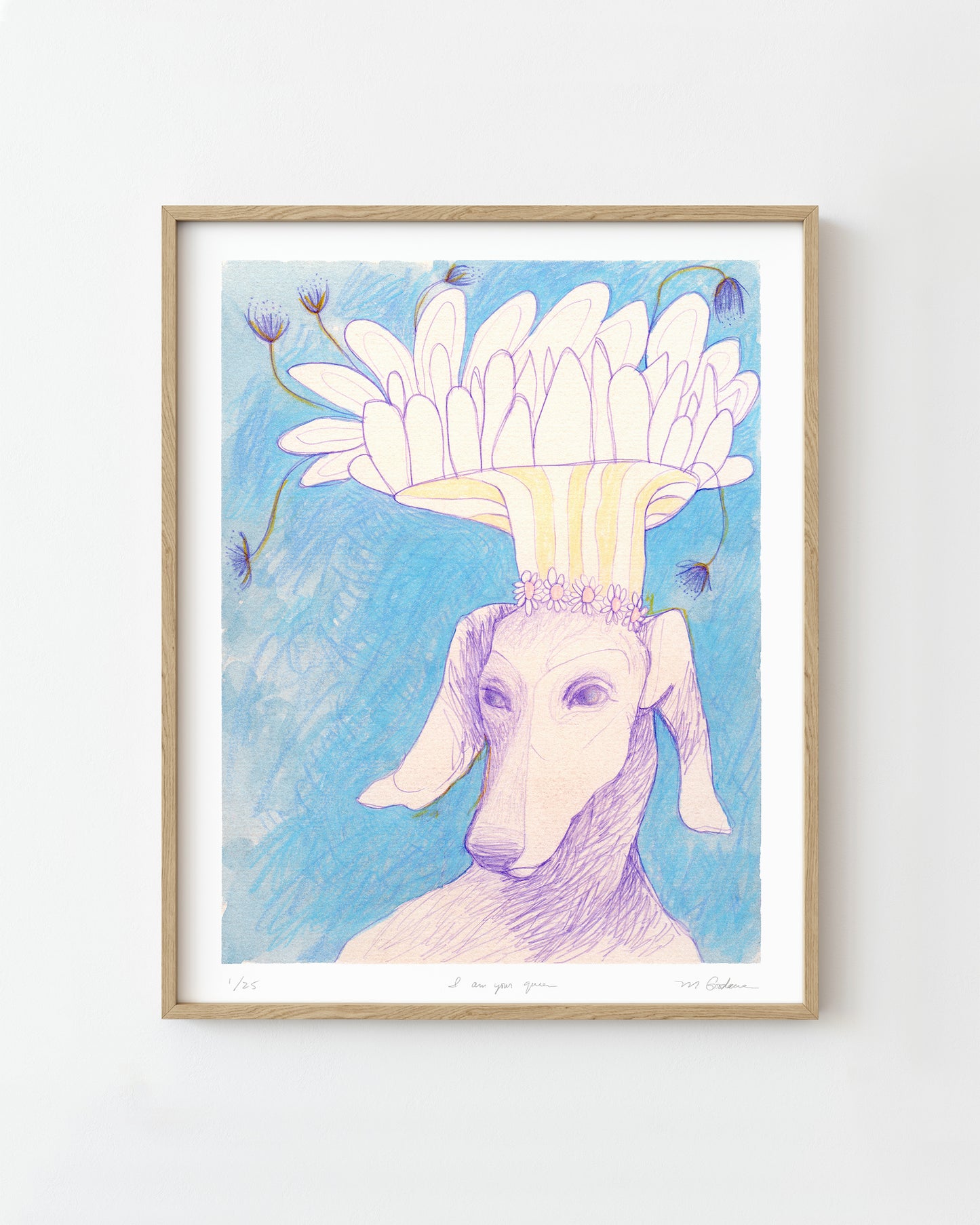 Framed semi-abstract drawing of a greyhound wearing a crown of flowers.