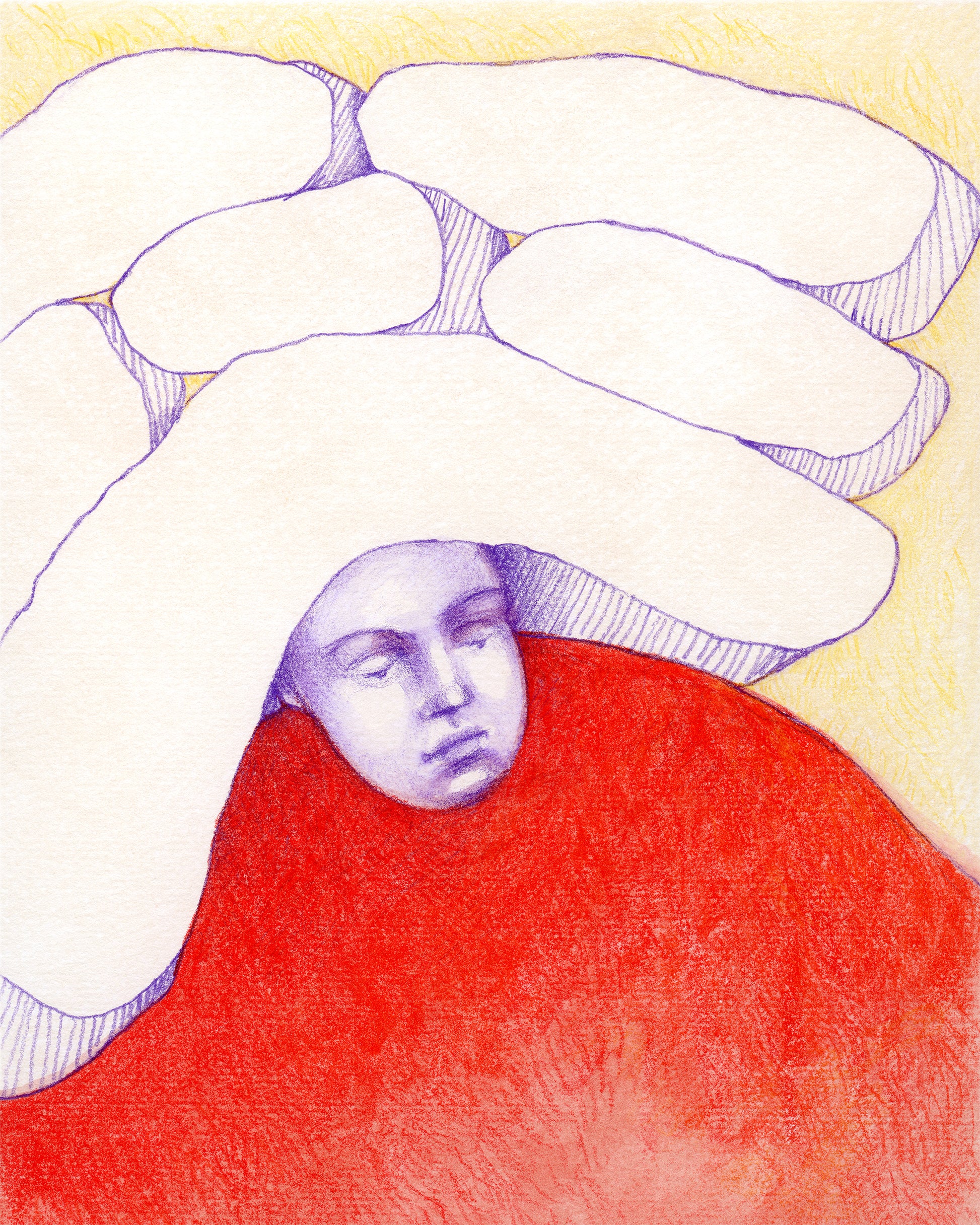 Surreal colored pencil drawing of a figure with pillow shapes on their head.