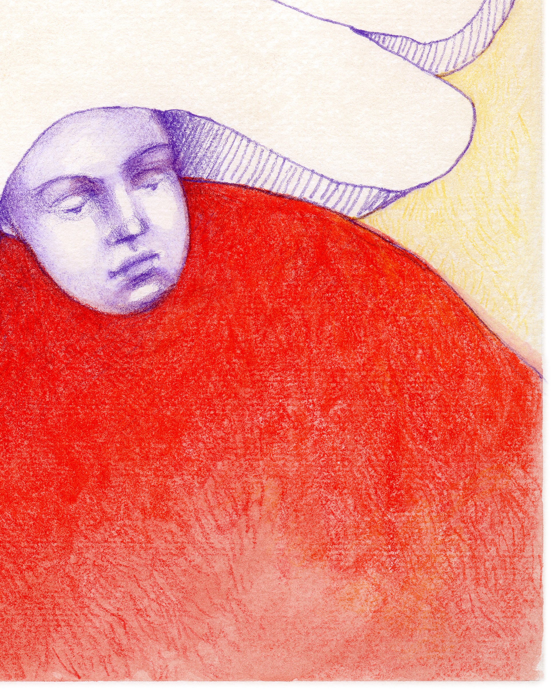 Surreal colored pencil drawing of a figure with pillow shapes on their head.