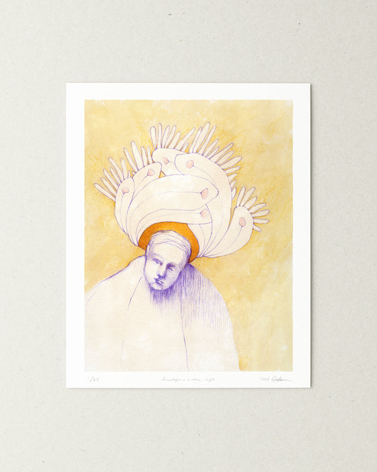 Semi-abstract drawing of a person with a large crown of abstract feathers.