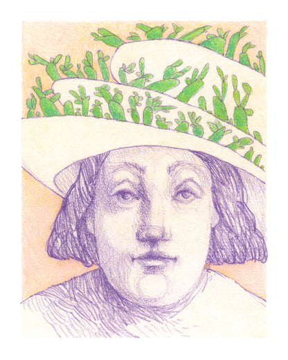 Semi-abstract drawing of an old-fashioned face wearing a hat covered in weird plants.