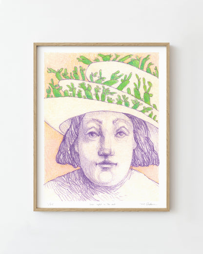 Framed semi-abstract drawing of an old-fashioned face wearing a hat covered in weird plants.