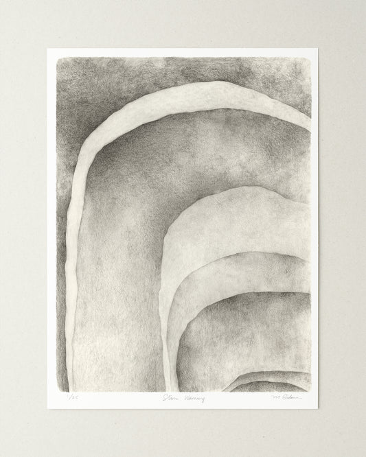 Abstract graphite drawing of shaded curved shapes.