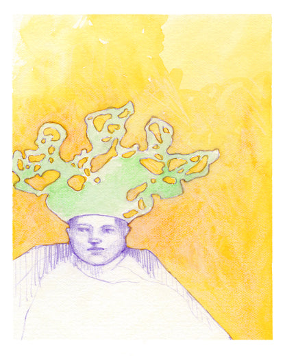 Sem-abstractd drawing of a figure with a hat made of lichen.