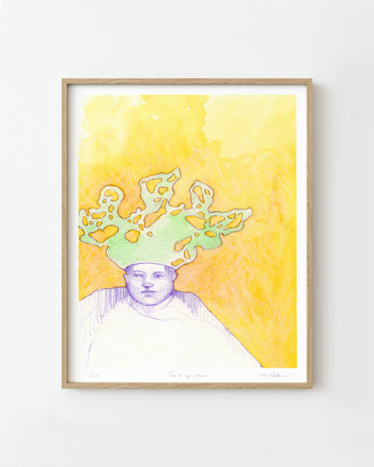 Framed semi-abstract drawing of a figure with a hat made of lichen.