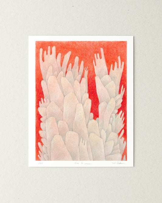 Surreal colored pencil drawing of pink cactus on a red background.