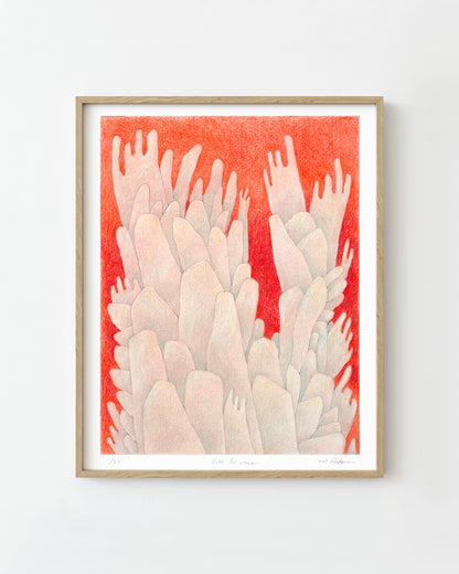 Framed surreal colored pencil drawing of pink cactus on a red background.